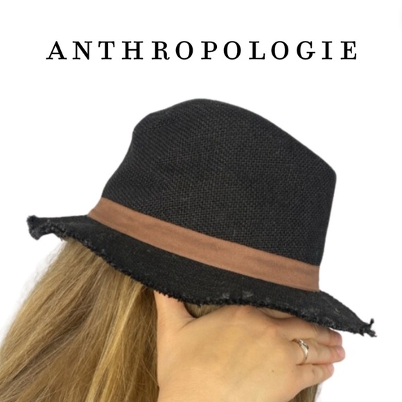 Anthropologie Staring At Stars 100% Linen Black Frayed Edge Fedora Hat - Picture 1 of 8